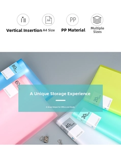 Detailed top view of A4 PP file folders in blue, pink, and white pastel colors