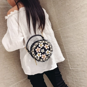 Cute girls round tweed shoulder bag with 3D pearl flowers and chain strap detail
