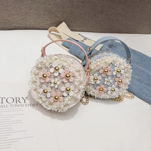 Cute girls tweed flower round shoulder bags with pearl trim and gold chain straps