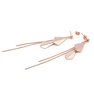 Rose gold leaf tassel earrings with geometric diamond shapes and shiny matte finish