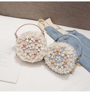 Detail of tweed round crossbody bags with 3D flowers and artificial pearl trim