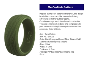 Macro detail of olive green silicone ring with 8.7mm bark texture and polished finish