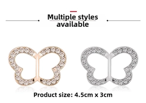 Detailed view of rose gold and silver butterfly t-shirt knot buckles with rhinestones