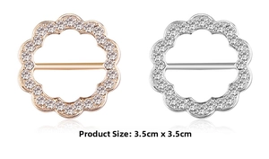 Detail view of 3.5cm rhinestone flower scarf clips in rose gold and silver finish