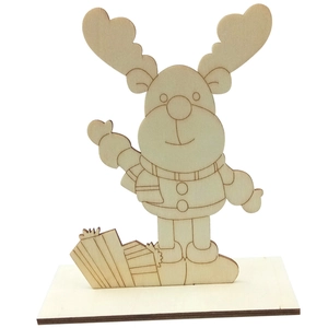 Front view of unpainted wooden reindeer ornament standing on a rectangular base