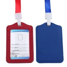 Front and back view of red and blue faux leather ID badge holders with lanyards