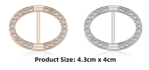 Close-up of gold and silver oval rhinestone buckles with 4.3cm by 4cm dimensions