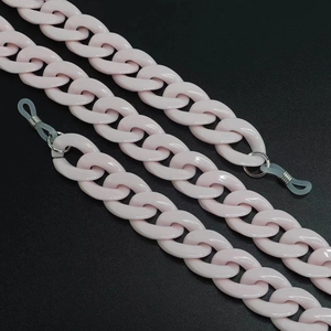 Detail view of pink acrylic glasses chain with metal ring and silicone connector