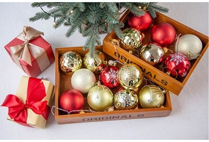 Detailed assortment of 8cm colorful Christmas baubles arranged in vintage wooden gift boxes