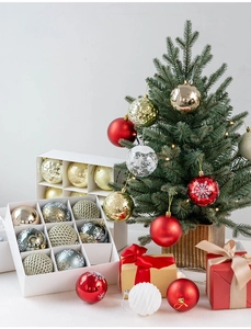 Detailed view of 8cm assorted Christmas balls in a nine-grid gift box on a festive tree