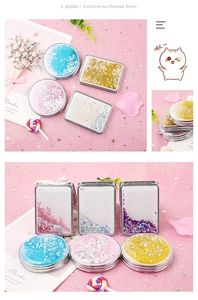 Detail of portable quicksand folding mirrors in round and rectangular shapes with glitter
