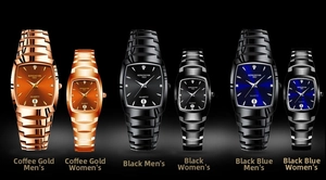 Close-up of three pairs of couple's quartz watches with stainless steel tonneau cases
