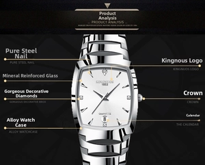 Detailed diagram of alloy case, quartz movement, and steel strap on a square men's watch