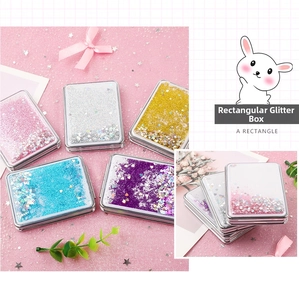 Detail view of rectangular glitter quicksand compact mirrors in multiple pastel colors