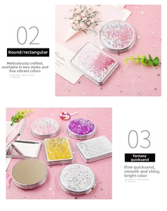 Detail view of portable quicksand makeup mirrors with floating glitter in various shapes