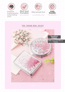 Detailed view of pink quicksand glitter pocket mirrors with 180-degree flip design