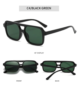 Three perspectives of black double-bridge aviator sunglasses with dark green lenses