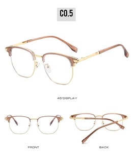 Detailed views of semi-rimless blue light blocking glasses with golden metal and brown frame