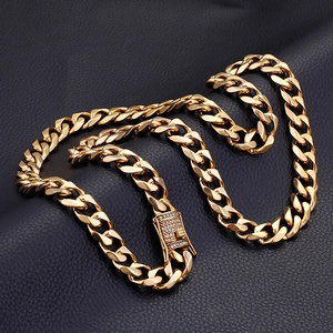13mm gold stainless steel Cuban chain necklace with sparkling crystal clasp for men