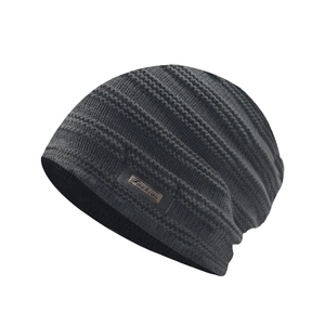 Detail view of dark grey ribbed knit beanie showing textured fleece and fashion patch