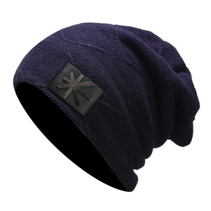 Deep purple knit beanie hat with Union Jack patch and metal star for autumn warmth