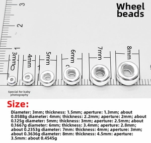 Detailed size chart showing diameters and thickness for 925 sterling silver wheel beads