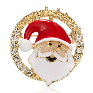 Santa Claus Christmas brooch with golden Merry Christmas ring and sparkling rhinestones