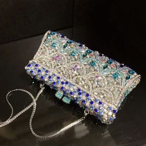 Macro detail of luxury rhinestone evening bag with blue and silver fish scale pattern