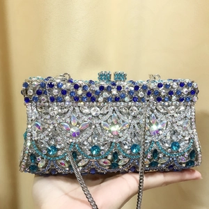 Detailed close-up of blue and silver rhinestone evening clutch with fish scale pattern
