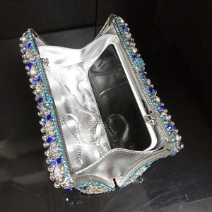 Blue porcelain pattern evening clutch bag with metal chain strap and rhinestones