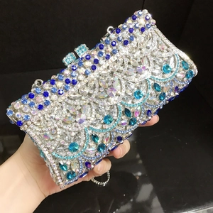 Luxury rhinestone evening clutch bag with blue crystal patterns and silver metal frame