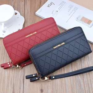 Women's long double zipper wallet with plaid pattern in burgundy and black leather
