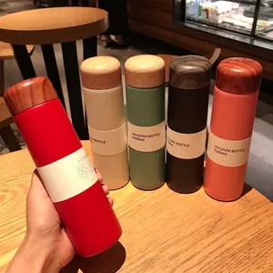Mini Vacuum Insulated Bottle Stainless Steel Wood Grain Lid Portable Thermos With Tea Infuser Matte Finish Travel Office