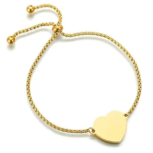 High Polished Stainless Steel Heart Charm Bracelet Adjustable Bolo Box Chain Minimalist Jewelry For Women