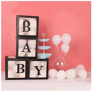 Detailed set of four black BABY letter boxes with white balloons for first birthday party