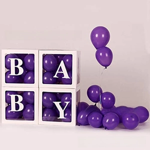 Detailed view of four white transparent balloon boxes with BABY letters and purple balloons