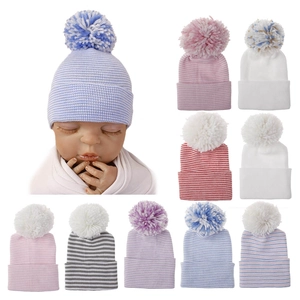 Newborn Baby Striped Knitted Beanie Double Layer Thick Warm Pom Pom Hat For Infants 0-3 Months Winter Toddler Knit Cap