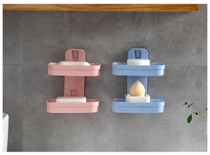 Dual-layer wheat straw soap dish wall-mounted in pink and blue with drainage holes