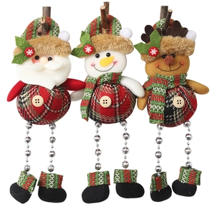 Three Christmas plush ornaments featuring Santa, Snowman, and Reindeer with beaded legs