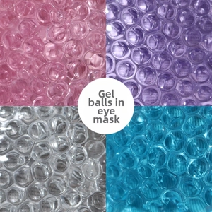 Macro detail of pink, purple, clear, and blue cooling gel beads for eye masks