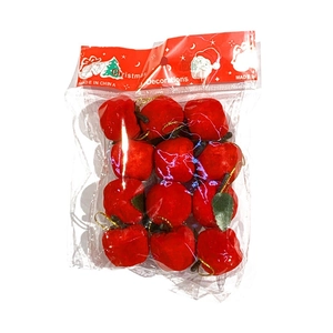 Pack of 12 flocked red Christmas apple ornaments with gold strings and green leaf details