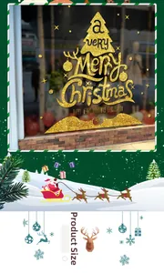 Detail of glitter golden Merry Christmas stickers with Santa sleigh and reindeer motifs