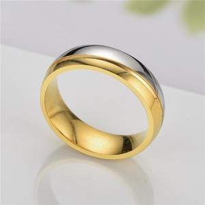 Detailaufnahme des zweifarbigen, polierten Edelstahlrings in Gold und Silber-Optik