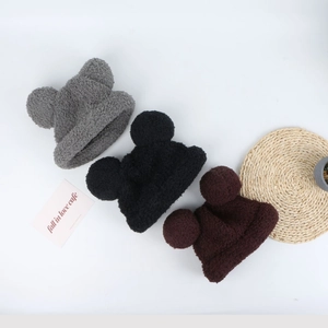 Winter plush bear ear knit hat for kids in gray black and coffee brown colors