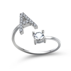 Adjustable silver ring with sparkling letter A and round cubic zirconia gemstone