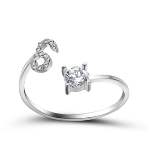 Macro detail of silver letter S adjustable ring with sparkling cubic zirconia settings