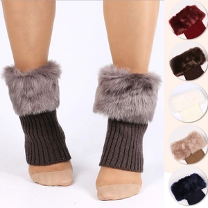 Short faux fur knit leg warmers for boots shown in multi-color variants and model display
