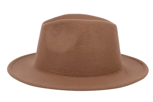 Detailed texture of brown wool felt fedora with classic wide brim on white background