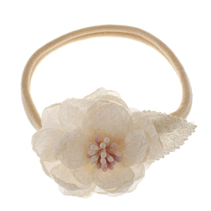 Detailed close-up of a beige lace flower headband with pink beaded center and leaf accents