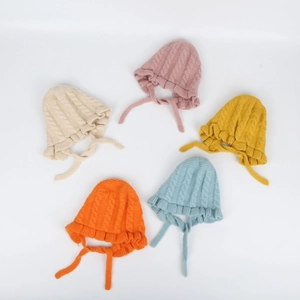 Five-pack baby knitted bonnets with twist patterns and ruffle edges in vibrant colors